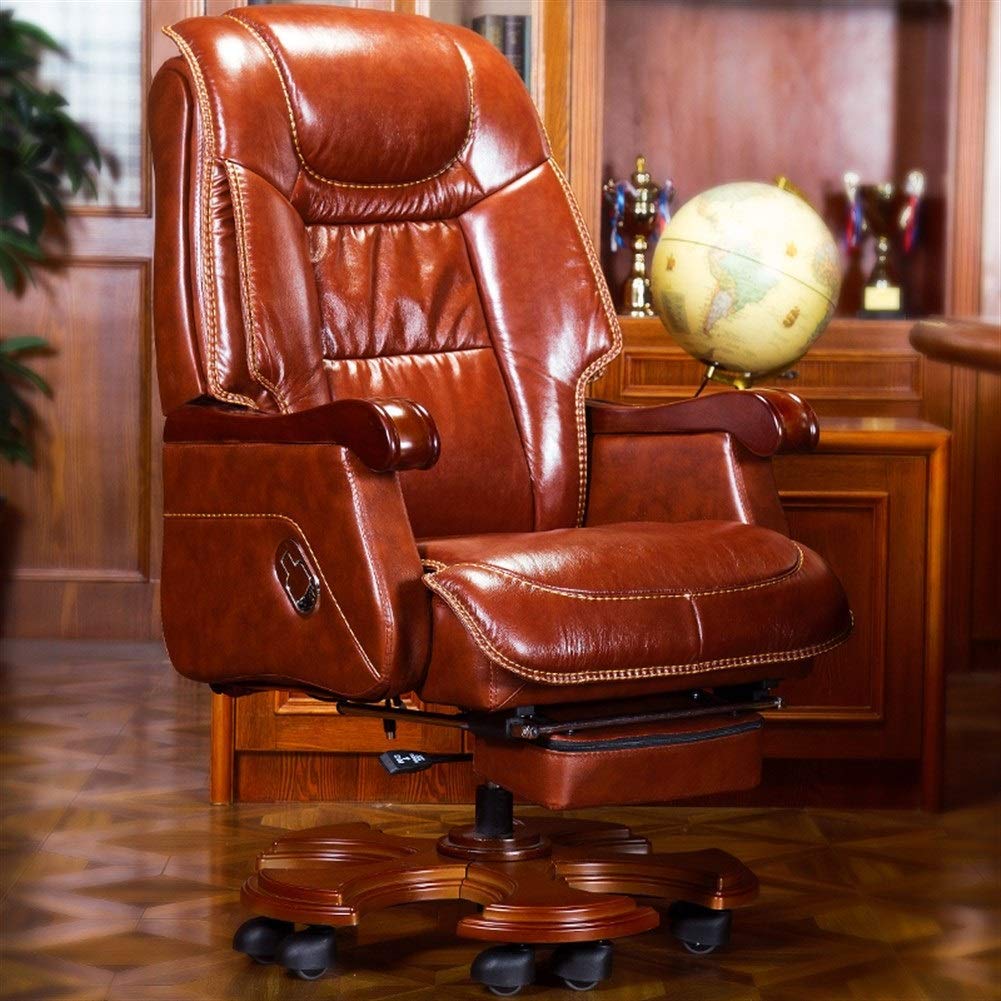 High Back Leather Executive Brown Office Chair Adjustable Swivel Boss Chair Computer Chair Desk Chair with Retractable Footrest