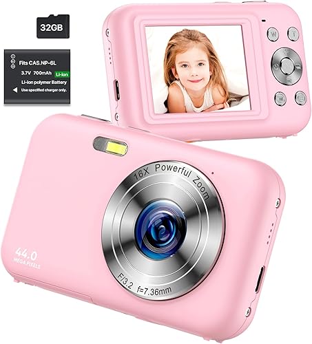 Cámara digital, FHD 1080P para niños con tarjeta SD de 32 GB, zoom digital 16X, cámara pequeña portátil, cámara compacta de apuntar y disparar, mini