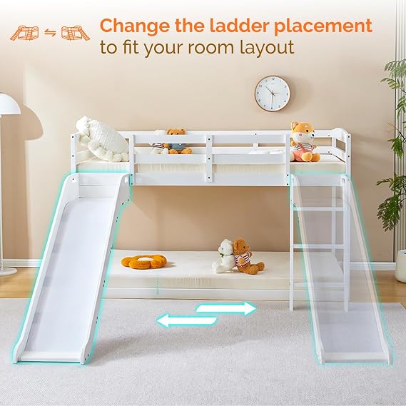 JOYMOR Bunk Bed with Curved Slide, Low Bunk Bed Twin Over Twin, Bunk Bed with Slide and Angled Ladder, Solid Pine Wood Slide Bed,14 Safety Guardrail, Anti-Slip Steps