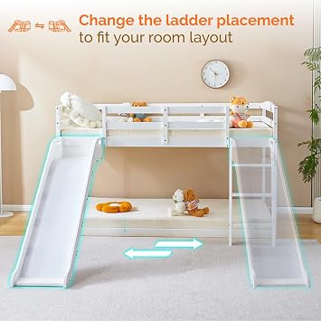 JOYMOR Bunk Bed with Curved Slide, Low Bunk Bed Twin Over Twin, Bunk Bed with Slide and Angled Ladder, Solid Pine Wood Slide Bed,14 Safety Guardrail, Anti-Slip Steps