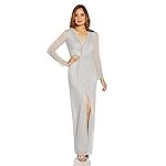 Adrianna Papell Long Sleeve Metallic Mesh Long Mother-of-The-Bride Gown Coastal Fog 16