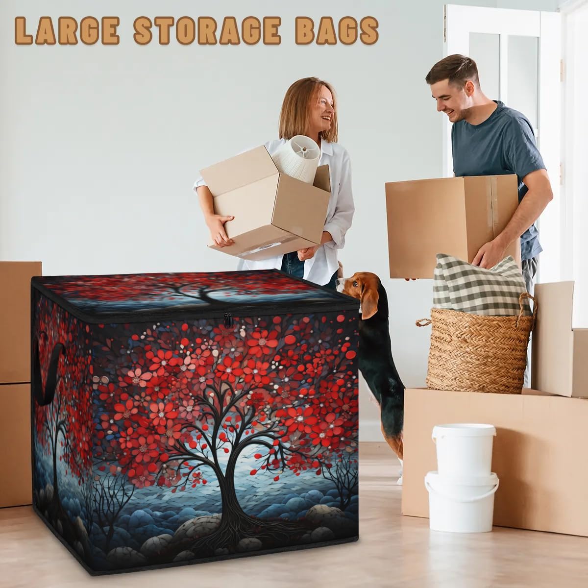 Honeybaby 214L Extra Large Comforter Storage Bag Abstract Tree Blossom Storage Totes with Lids Waterproof Closet Organizer Folding Blanket Storage Bags for Clothes Bedding Pillows