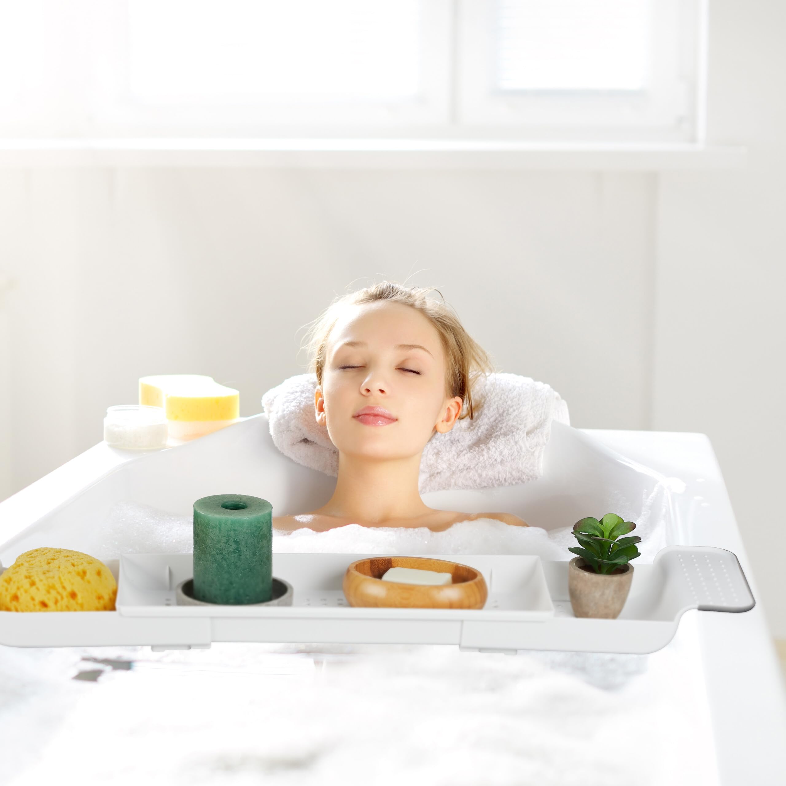 Relaxdays Vassoio per la Vasca da Bagno, Allungabile 55,5-78 cm, Plastica, Ripiano Fori per Drenaggio dell'Acqua, Bianco