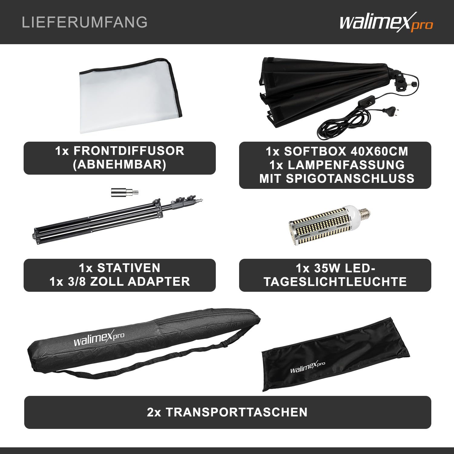 Walimex pro Zestaw softbox 40 x 60 cm z żarówką LED 35 W o barwie dziennej 5000 K i statywem oświetleniowym FT-8051 do wys. 260 cm, statyw z amortyzacją drgań