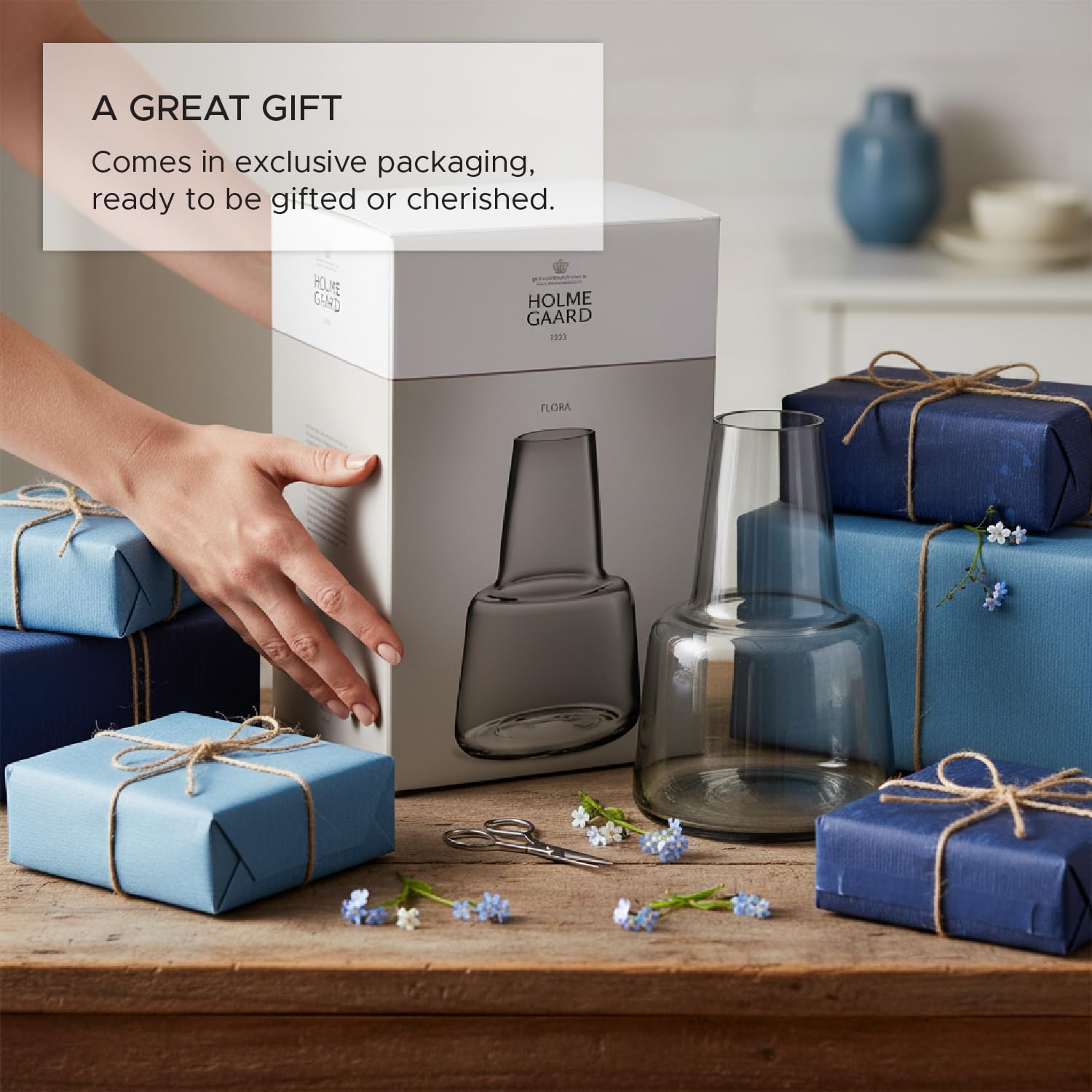 Holmegaard Flora Vase Medium Neck, Smoke Grey, 9.4" H x 6.7" D, Designed by Less Limits v/Louise Campbell, Gift Box Included