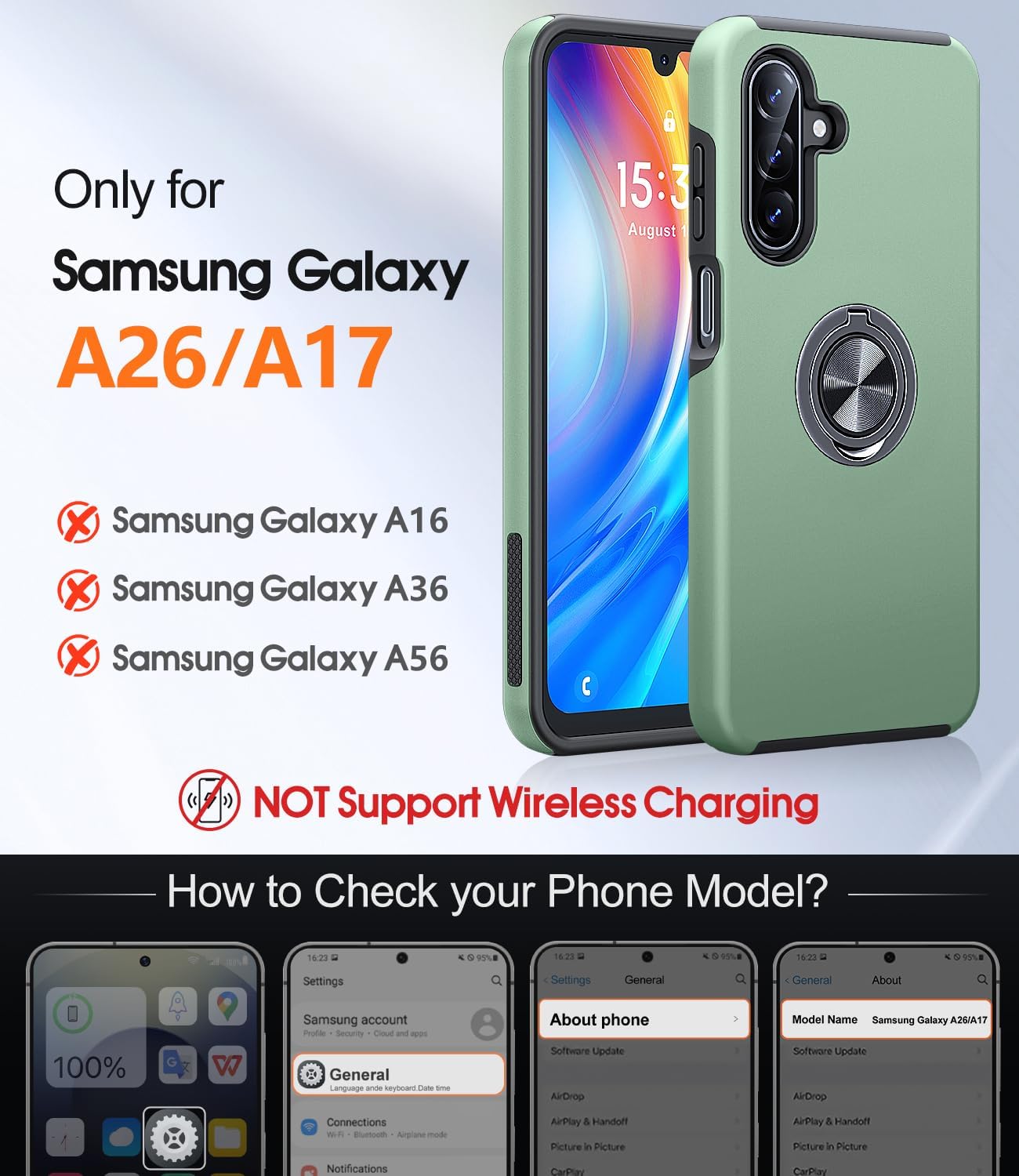 JAME for Samsung Galaxy A17/A26 5G Phone Case with Screen Protector [2 Packs] Ring Holder Stand Kickstand Dual Layer Military Shockproof Slim Protective Cover Samsung Galaxy A17/A26 Case, Alpine Green