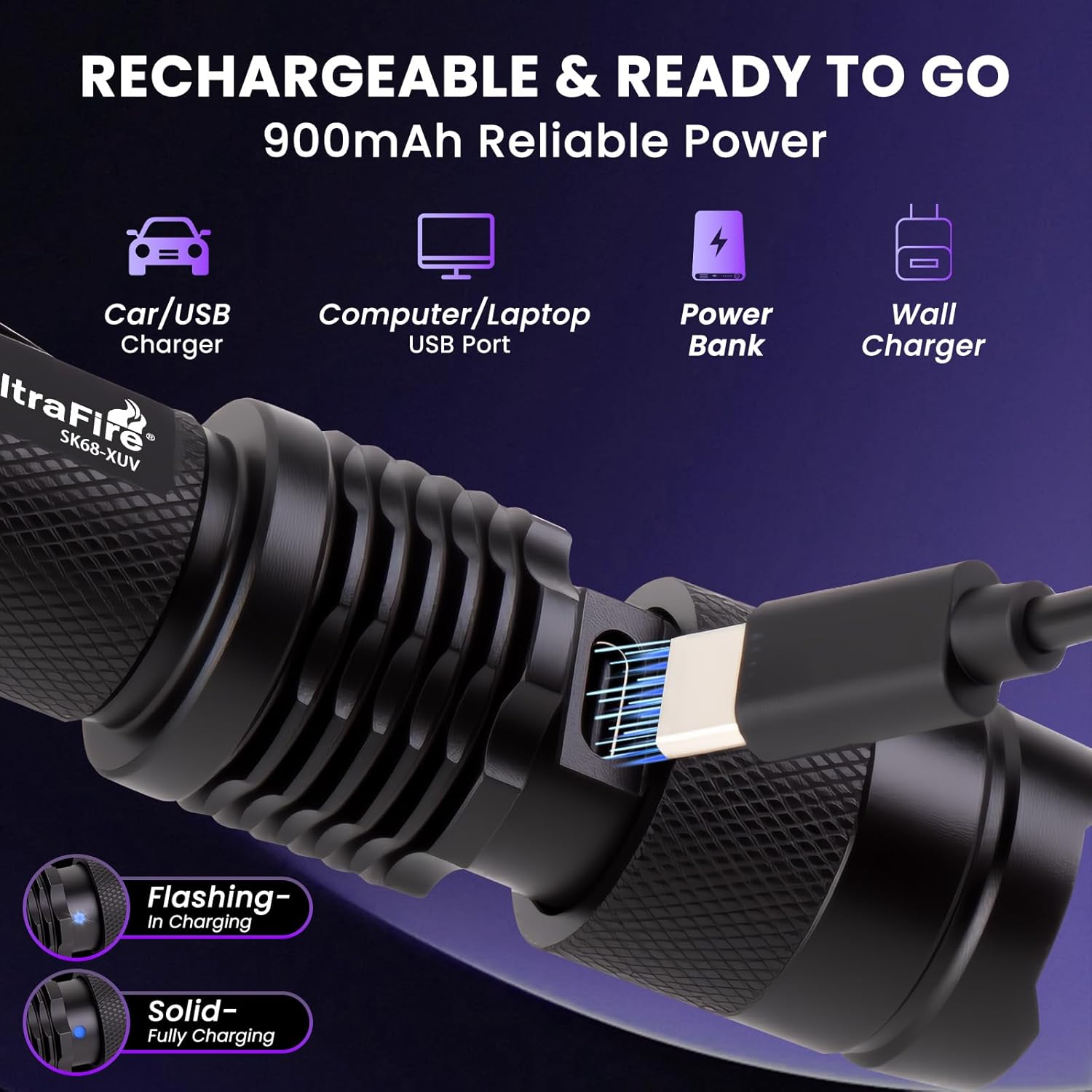 ULTRAFIRE 395nm UV Flashlight Rechargeable, Portable Mini Black Light, Focusable UV Detector for Pet Urine, Scorpions, Stains, Resin Curing, USB-C, 2 Pack