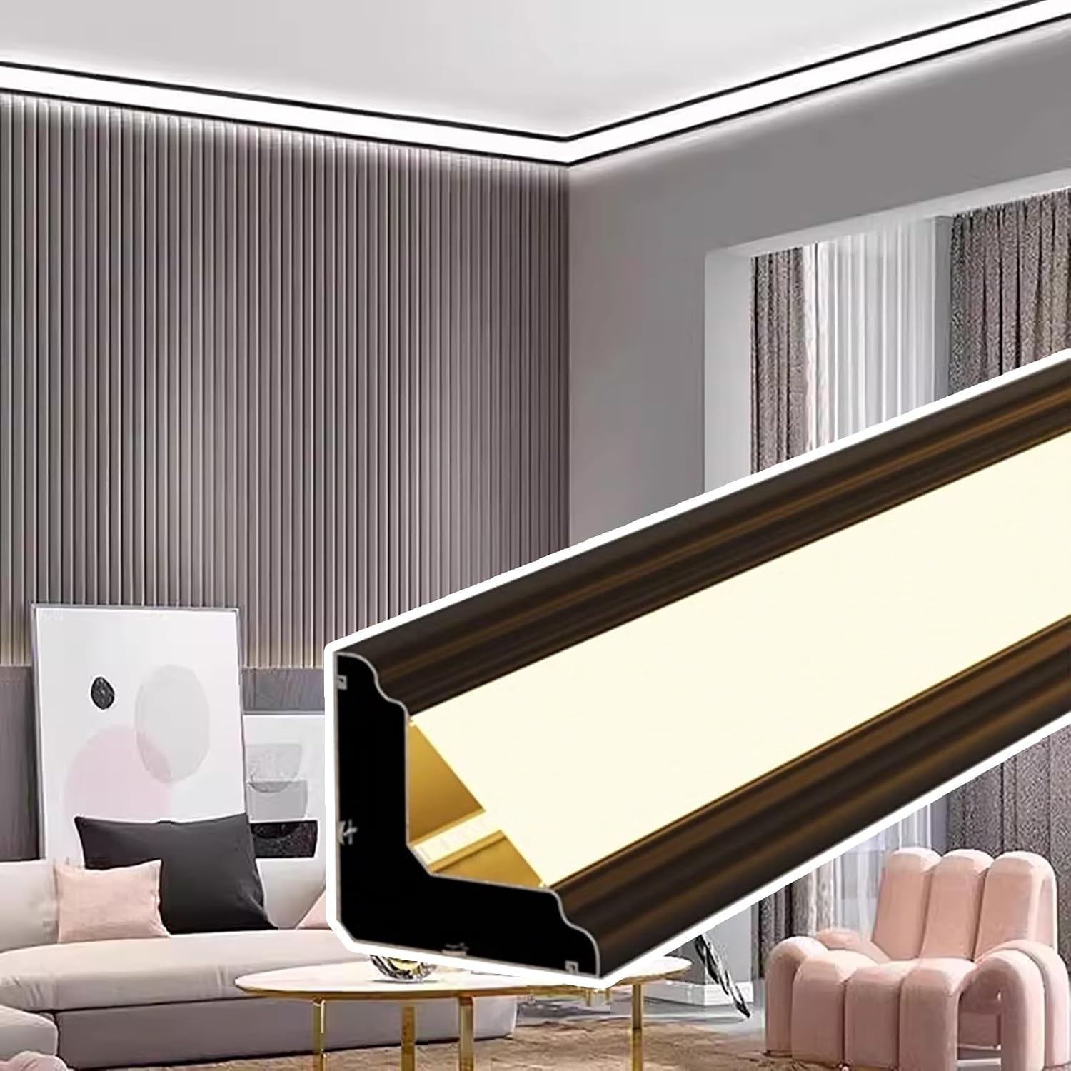 Black LED Track Lighting for Ceiling, Aluminum Diffuser Indirect Baseboard Lights, 28m (91.9ft) Crown Molding Decor for Living Room, Modern Ambient LED Trim Illuminatio