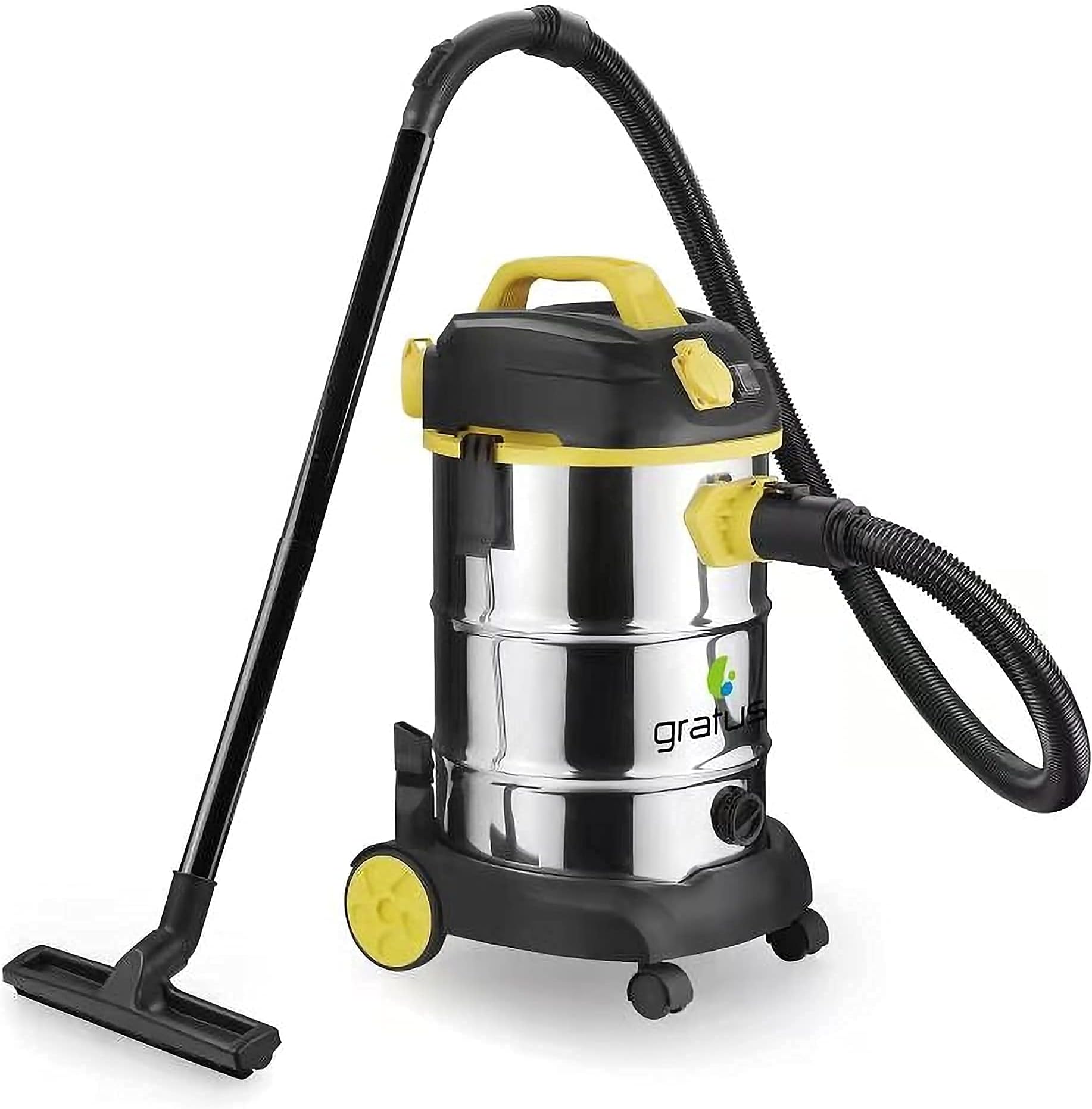 Gratus Wet/Dry/Blow 1600W Canister Vacuum Cleaner with 2000W Power Socket, High Power Motor, Stainless Steel Body, 30Ltr SS Tank, Multi Filtration, 1year warranty GR-WVC2516AC