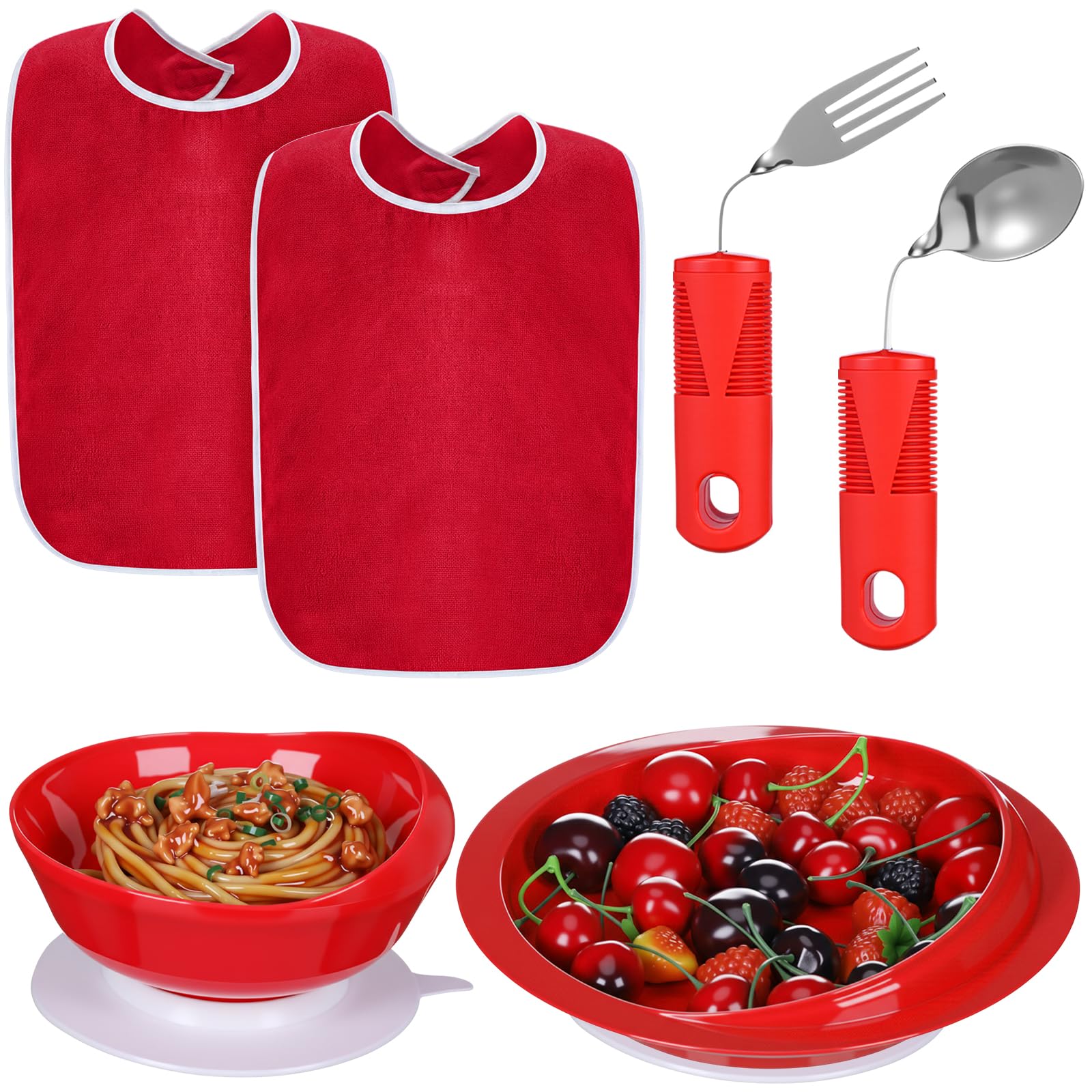 6 Pcs Adaptive Utensil with Bib Bowl Plate Set for Elderly Parkinson