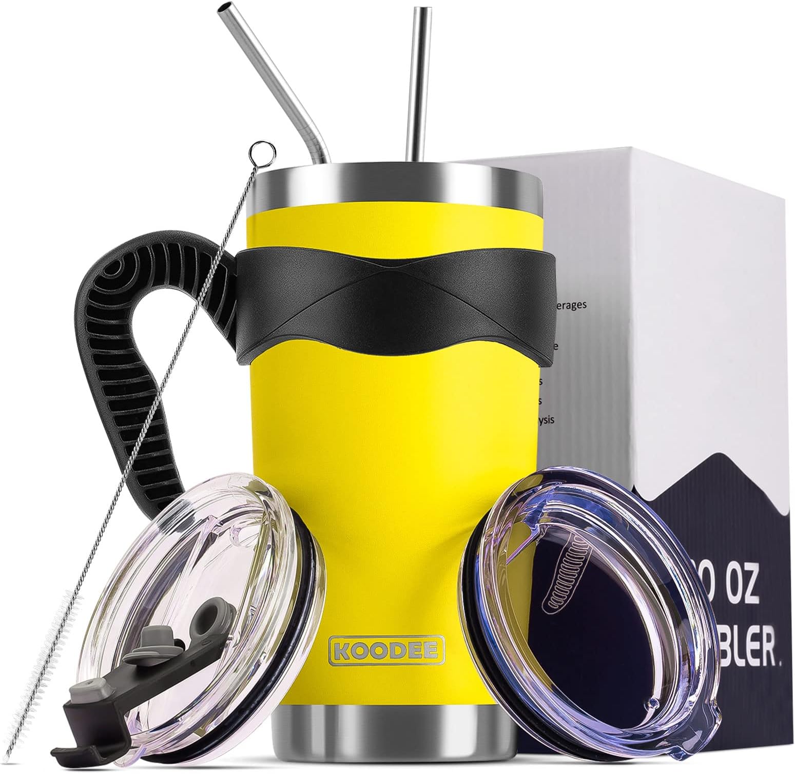 koodee 20 oz Tumbler Stainless Steel Insulated Coffee Travel Mug with Straws,Sip Lid and Straw Lid, Brush, Handle (20 oz, Lemon Yellow)