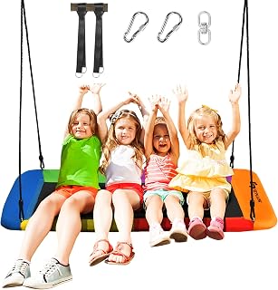 Goplus 700LBS 60 Inch Giant Platform Tree Swing for Kids and Adults, Indoor Outdoor Adjustable Rectangle Swing w/ 2 Hanging Straps & Steel Frame, Waterproof Swing Set for Yard Porch Backyard (Rainbow)