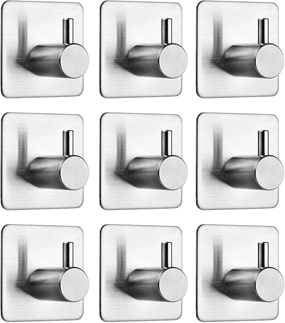 Auxmir Self Adhesive Hooks 9Pack, Stainless Steel Adhesive Coat Hooks, Sticky Towel Hooks, Anti-Rust Waterproof Hooks for Kitchen Bathroom Office Toilet, No Drill Glue Needed