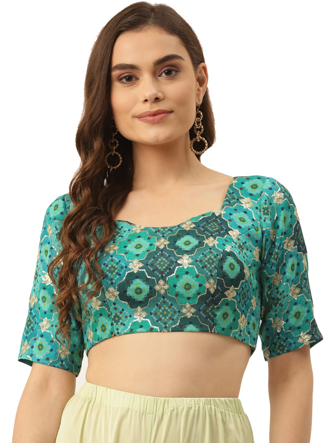 Niharikaa Green Sweetheart Neck Padded Blouse Bandhani Fabric with zari sequiens Work-picture-13