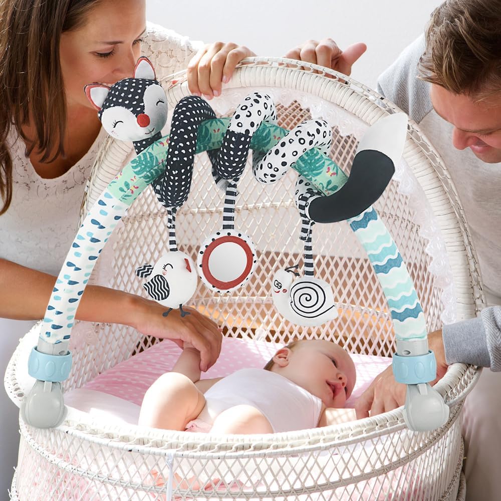 Caterbee Baby Stroller Arch Toys, Black and White Hanging Toy Activity Set, Stretch & Spiral Adjustable Clamp for Cribs & Car Seats, Includes Rattles, Squeaker & Teether for Newborns and Infants (02)
