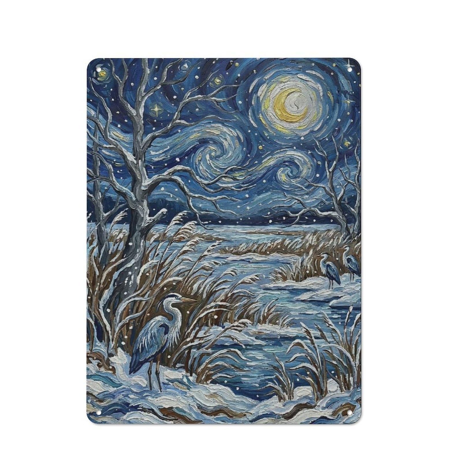 Junmoney Style-18 Herons In A Snowy Starry Night Landscape Tin Wall Sign 40X30cm, Retro Novelty Wall Art For Bedroom, Kitchen, Office Or Living Room