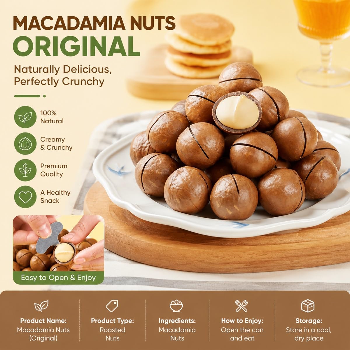 Nueces De Macadamia Premium 500g - Nueces Enteras En Cáscara Con Abridor | Nueces de macadamia gigantes 22-26mm con sabor cremoso. Incluye llave abridora de metal para pelar fácilmente.