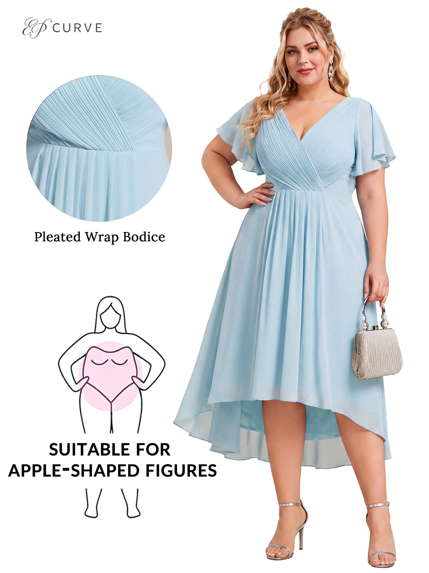 Ever-Pretty Donna Una Linea Increspato Scollo A V Maniche Corte Al Ginocchio Plus Size Wedding Guest Dress 01923-DA, Cielo blu, 50