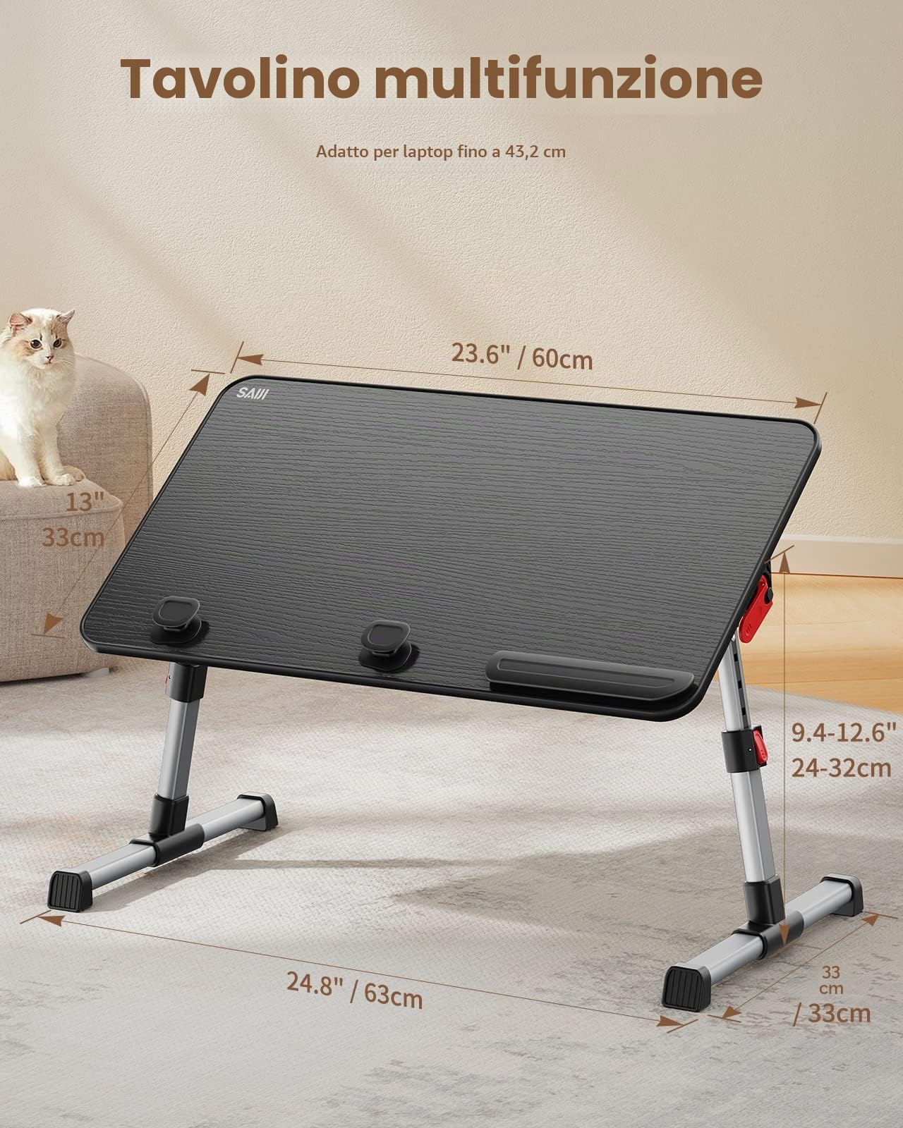 Tavolo, SAIJI Tavolino da letto, Regolabile in altezza, con 4 angolazioni regolabili, lapdesk pieghevole, per divano divano pavimento lavoro studio lettura scrittura mangiare (60 * 33 cm nero)