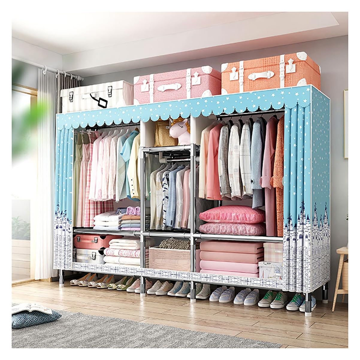 Portant à vêtements robuste en métal bleu avec penderie portable et étagères pour chambre