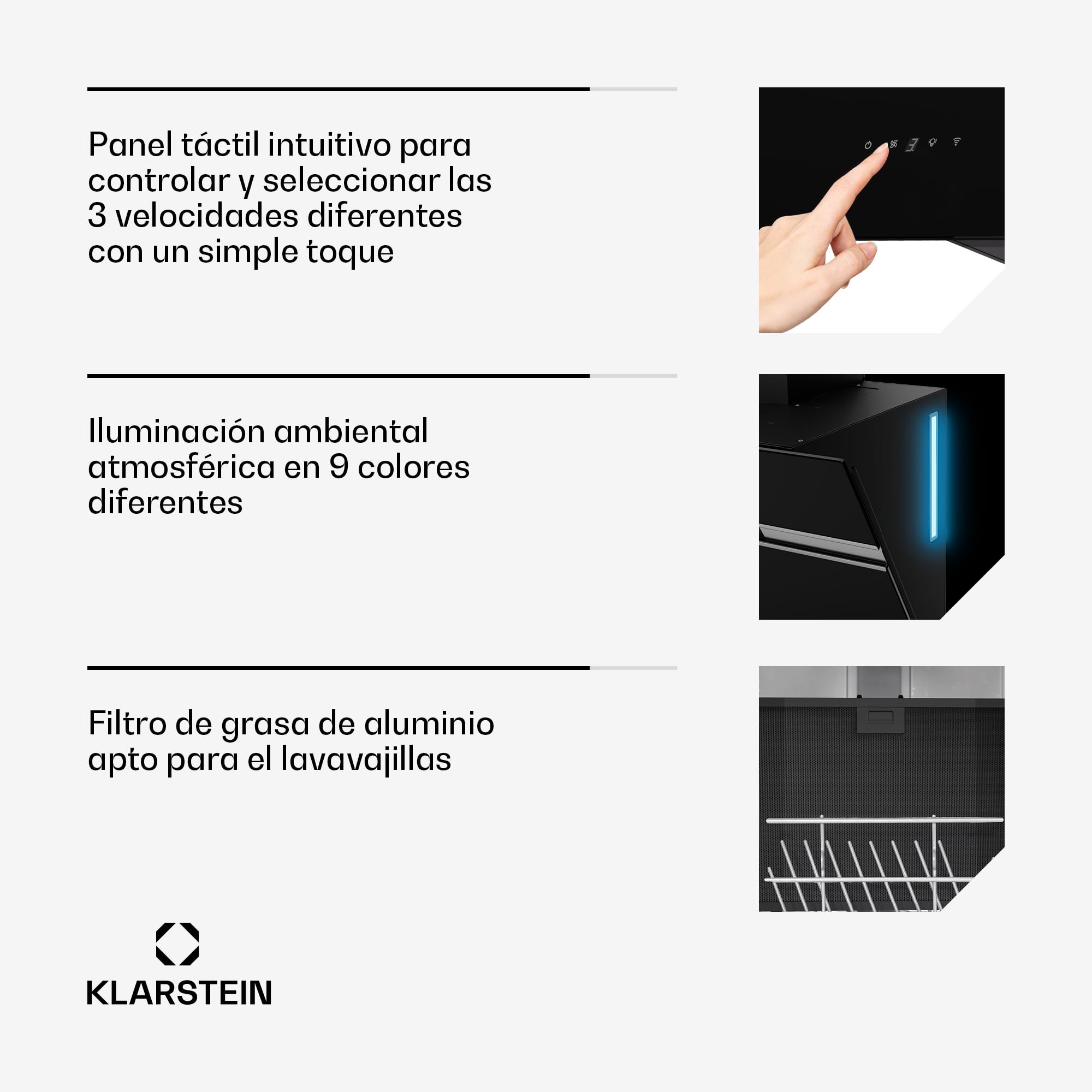 Klarstein Alina Campana Extractora - 60cm Decorativa, 600 m³/h, Control Smart, LED, Clase A, Recirculación, 68 dB, Negro — view 6