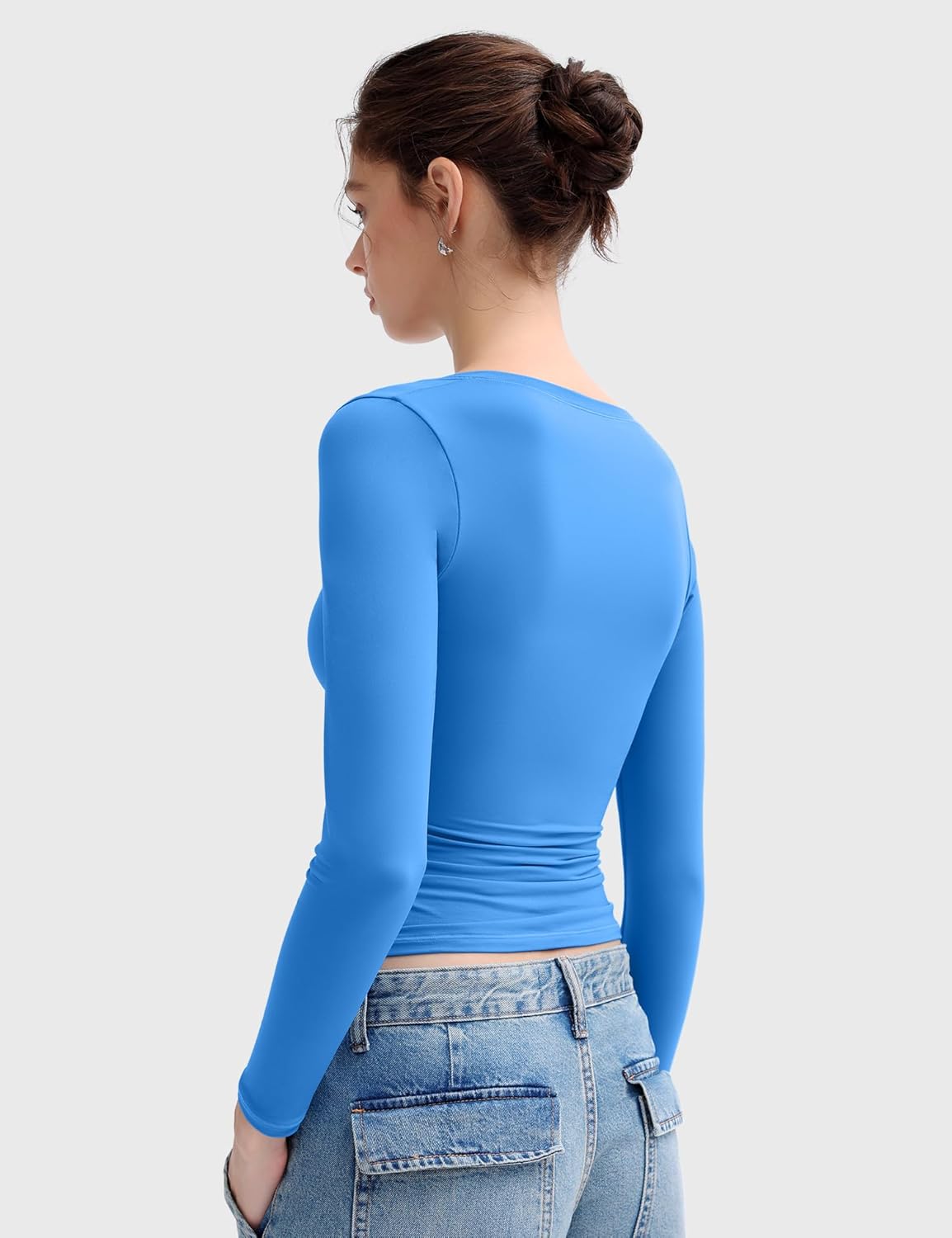 PUMIEY Women's Long Sleeve T Shirts Scoop Neck Slim Fit Going Out Tops Double Lined Basic Tee Smoke Cloud Collection - Image 5