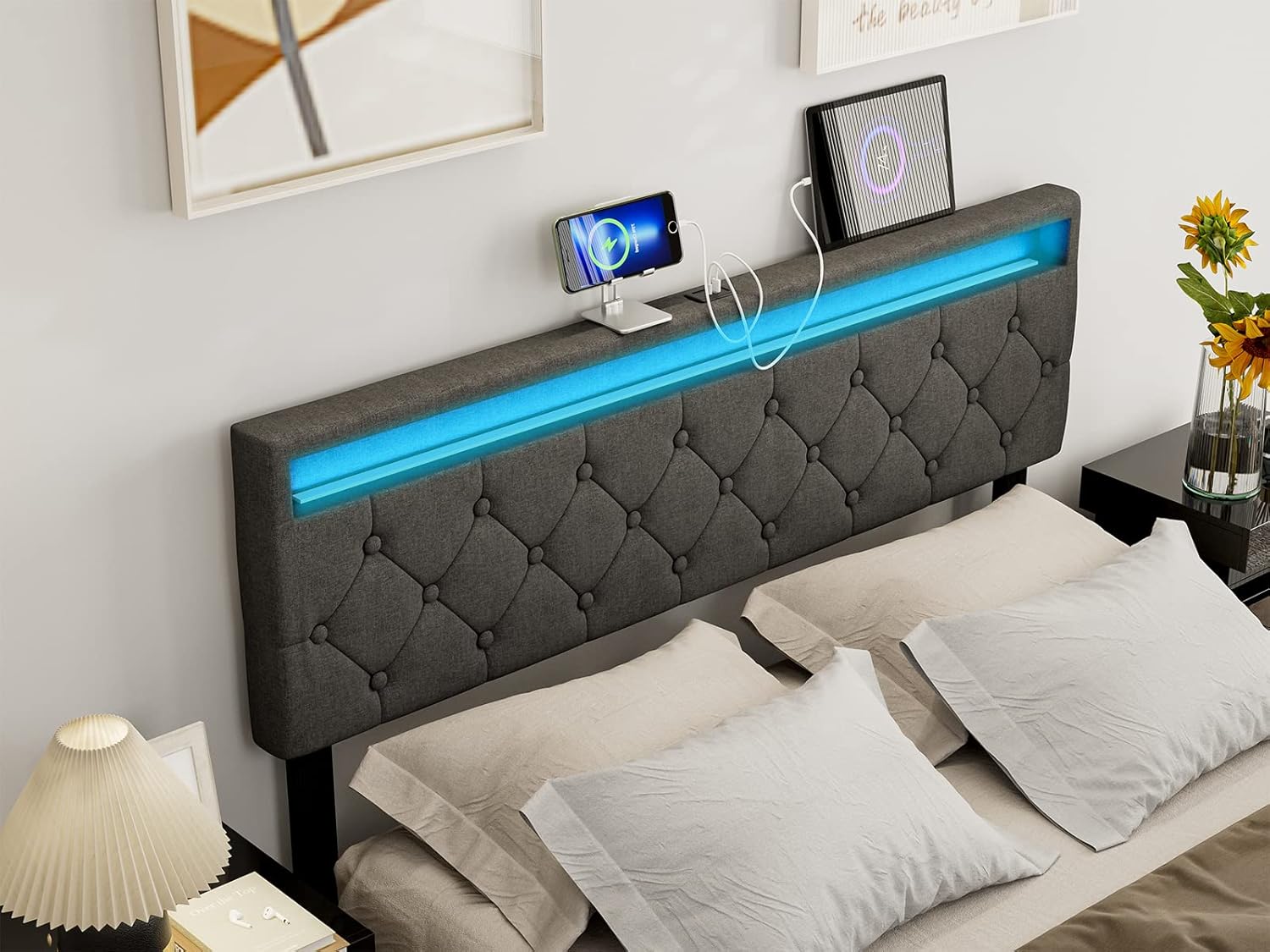 Upholstered Queen Size Headboard Only, Adjustable Height, Modern Queen Headboard with LED Lights & 2 USB Ports, Button Tufted Design, Easy Assembly - Dark Grey
