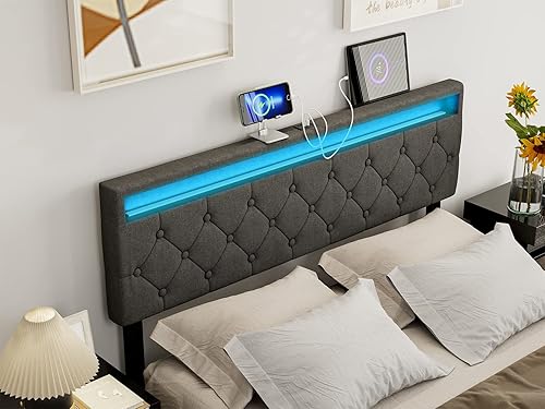 Miniatura 3 de IKIFLY Cabecera tapizada tamaño Queen con luces LED y 2 puertos USB, altura ajustable, cabecera acolchada de tela de lino con botones, fácil