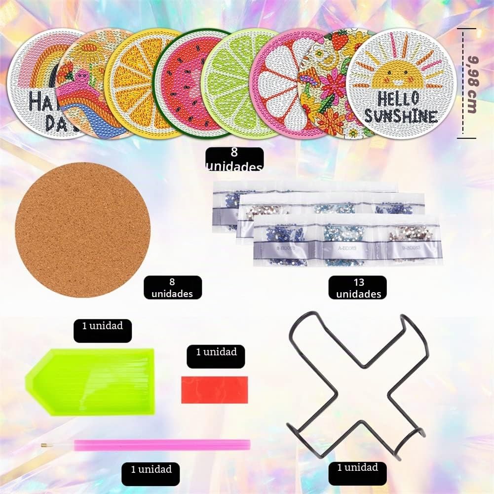 8 Piezas Frutas de Verano Posavasos de Diamond Painting con Soporte, Posavasos de Originales para Adultos Niños Manualidades, para Bebidas Vasos, de Cerveza o Bares, Tazas de Café o Té
