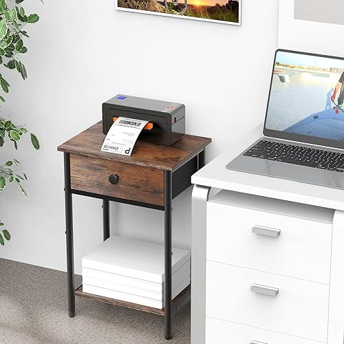 Miniatura 7 de Mesitas de noche para mesas auxiliares de espacio pequeño con cajón con estante de almacenamiento abierto de madera, mesa auxiliar rústica para