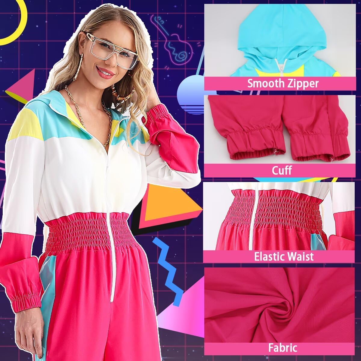 Hoodies Jumpsuit 80s 90s Outfits for Women Tracksuit Costume One Piece Windbreaker Hip Hop Neon Party - Image 4