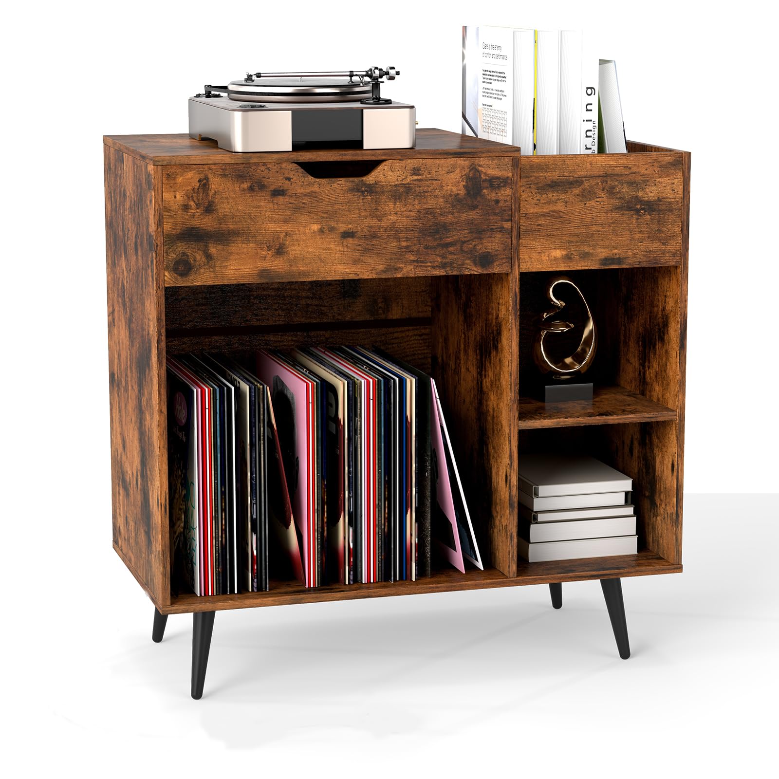 COSTWAY Record Player Stand with Charging Station, Turntable Stand End Side Table with Drawer, 3 Dividers and Shelves, Albums Vinyl Record Storage Cabinet Holder for Living Room Bedroom (Rustic Brown)