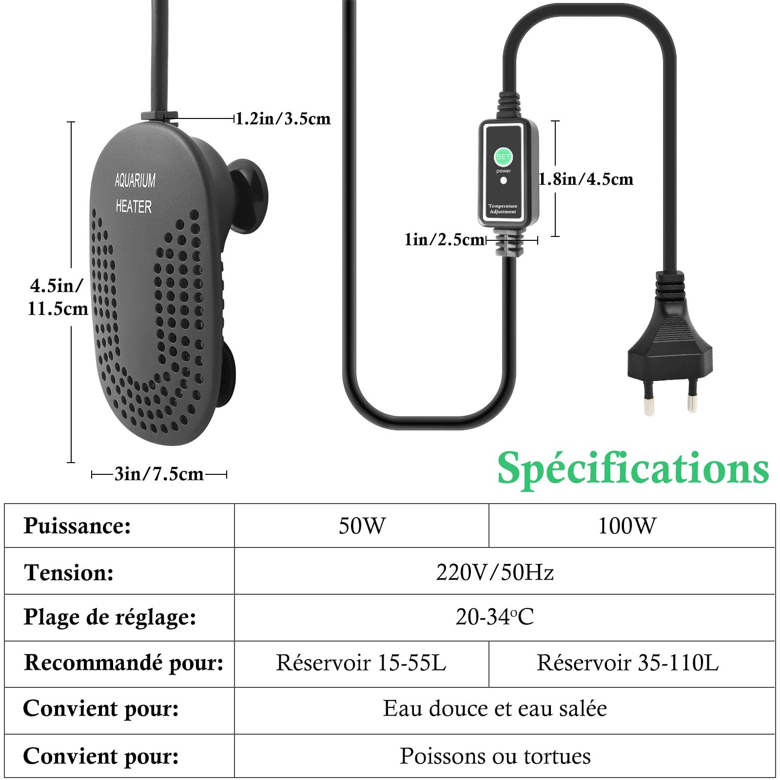 Mini Chauffage pour Aquarium 50W 100W, Chauffage Réglable pour Aquarium avec Contrôleur de Température Externe, Chauffage Incassable pour Poissons et Tortues, Eau Douce et Eau Salée (100W)