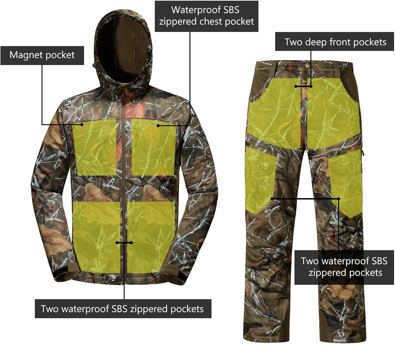 BASSDASH Men’s Insulated Hunting Hoodie Jacket and Pants Suit Softshell Camo Quiet Water Resistant Fleece-Lined Warm Coat