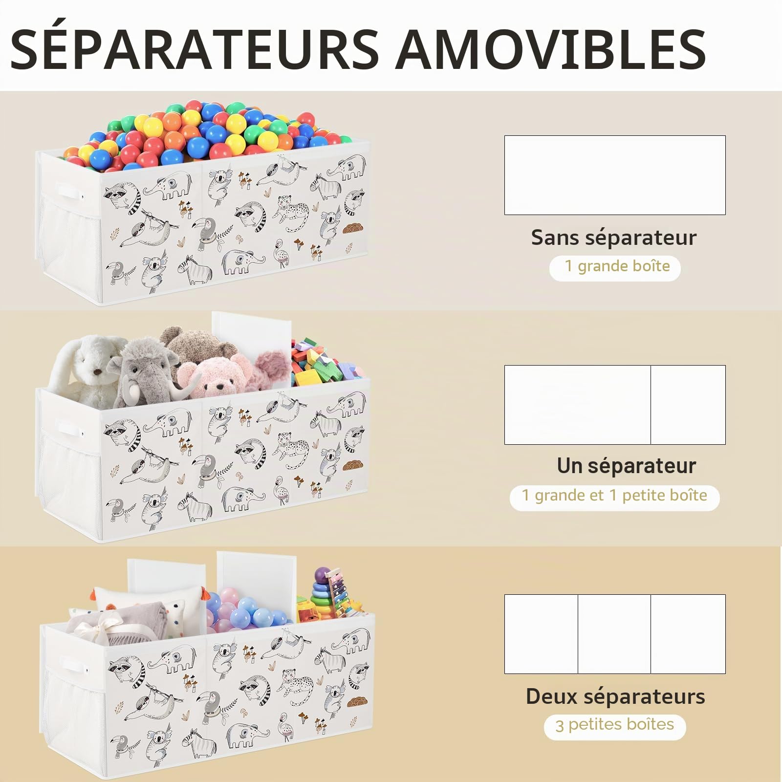 Coffre a Jouet Pliable avec Couvercle, 96 x 32 x 40 cm Rangement Jouet Enfant avec Poignées pour Jouets, Vêtements, Livres, Armoire - Animaux Dessinés au Trait