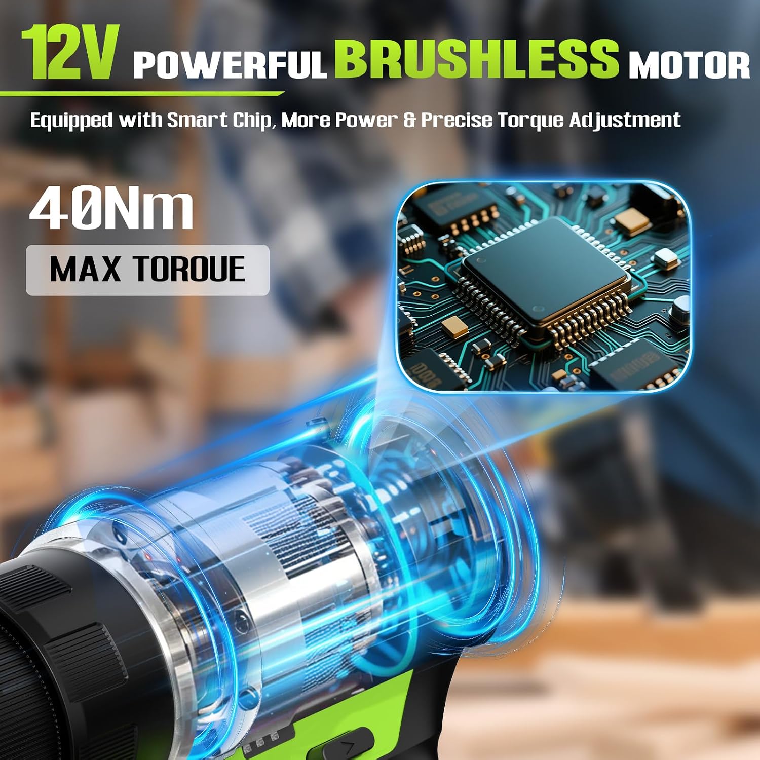 12V Cordless Drill, Brushless Power Drill with LCD Smart Display, 29+1 Torque Setting, 3/8 Inch Keyless Chuck, 18Pcs Drilling/Driver Bits, 2.0Ah Battery & Charger Included(Green)