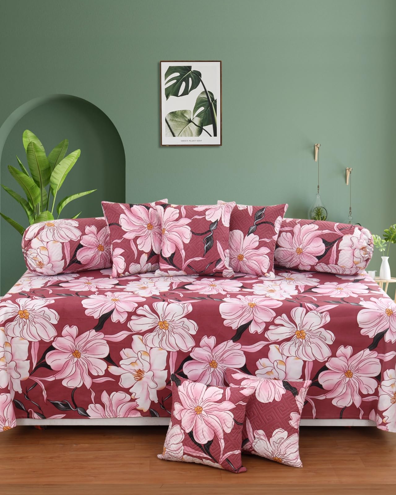 Premium 200 TC diwan Set for Living Room, diwan Set Covers Glace Cotton, diwan Set 8 Pieces (1 Single Bedsheet, 5 Quilted Cushion Covers, 2 Bolster Covers) (Color- Rose & Pink) Flower-image-15