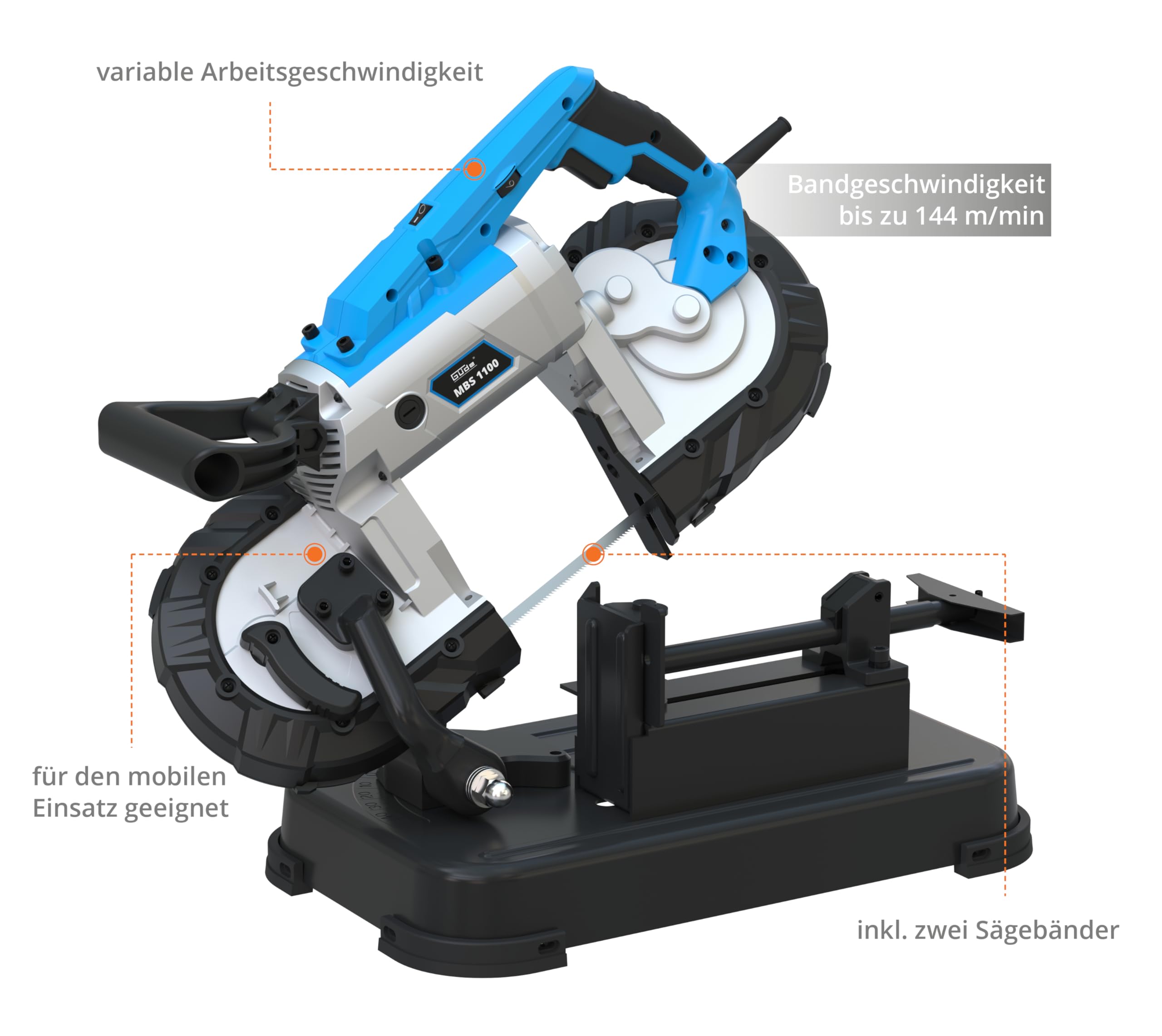 Güde Metallbandsäge MBS 1100 (1100 W, abnehmbarer Arbeitstisch (stationären & mobilen Einsatz), Bandgeschwindigkeit 144 m/min, 2 Sägebänder 1140 mm, LED Licht, Schnittleistung bis 100 mm/ø120 mm)