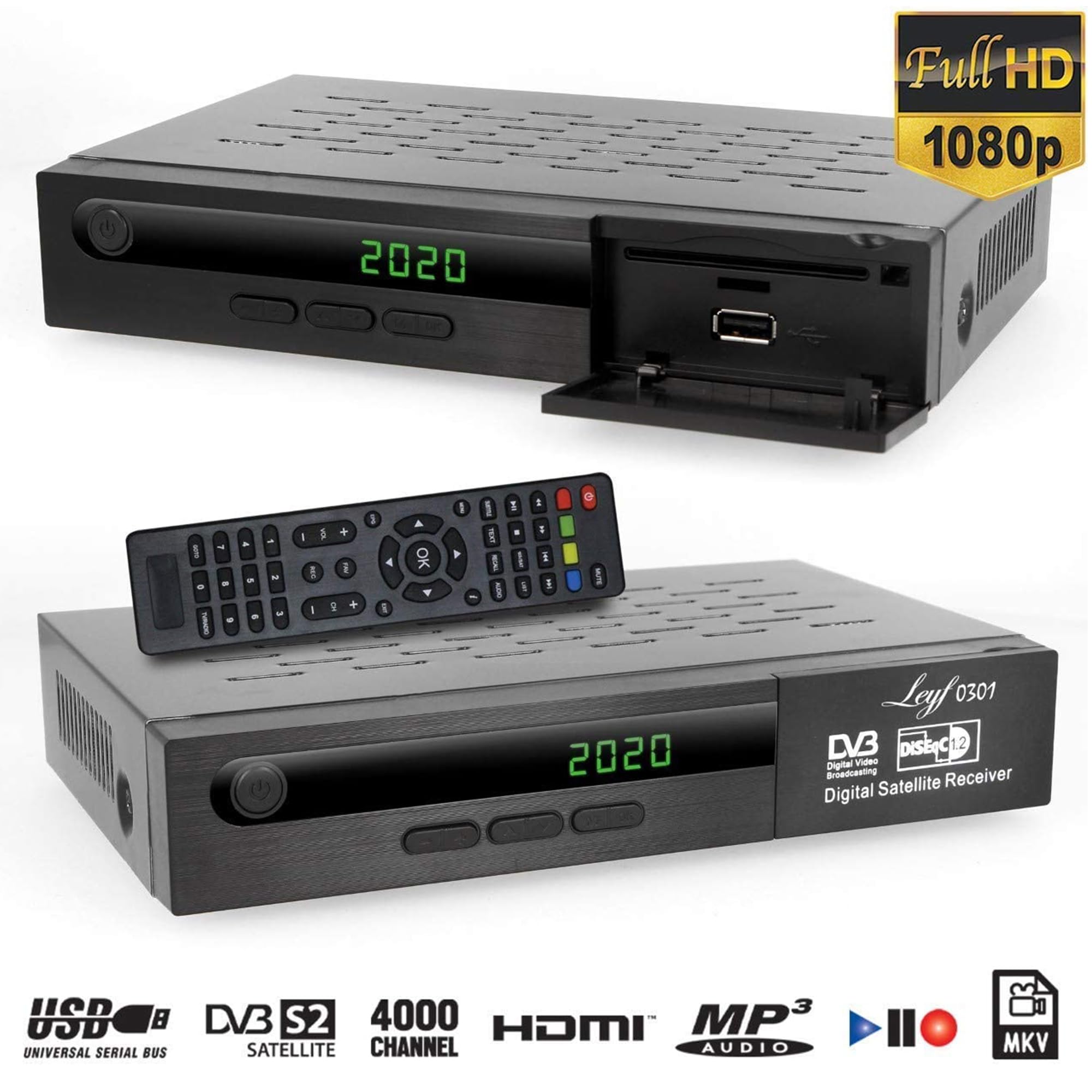 Leyf Satellite Receiver Digital Satellite Receiver (HDTV, DVB-S/DVB-S2, HDMI, SCART, 2X USB, Full HD 1080p) [Pre-Programmed for Astra, Hotbird and Türksat] + HDMI Cable