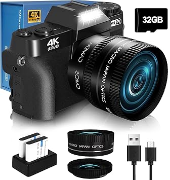 NIKICAM 2024 Upgrade 4K 56MP Digital Camera for Photography Vlogging Camera for YouTube with 180 Flip Screen, WiFi,16X Digital Zoom, 52mm Lens, 2 Batteries, 32GB Micro SD Card(Black)