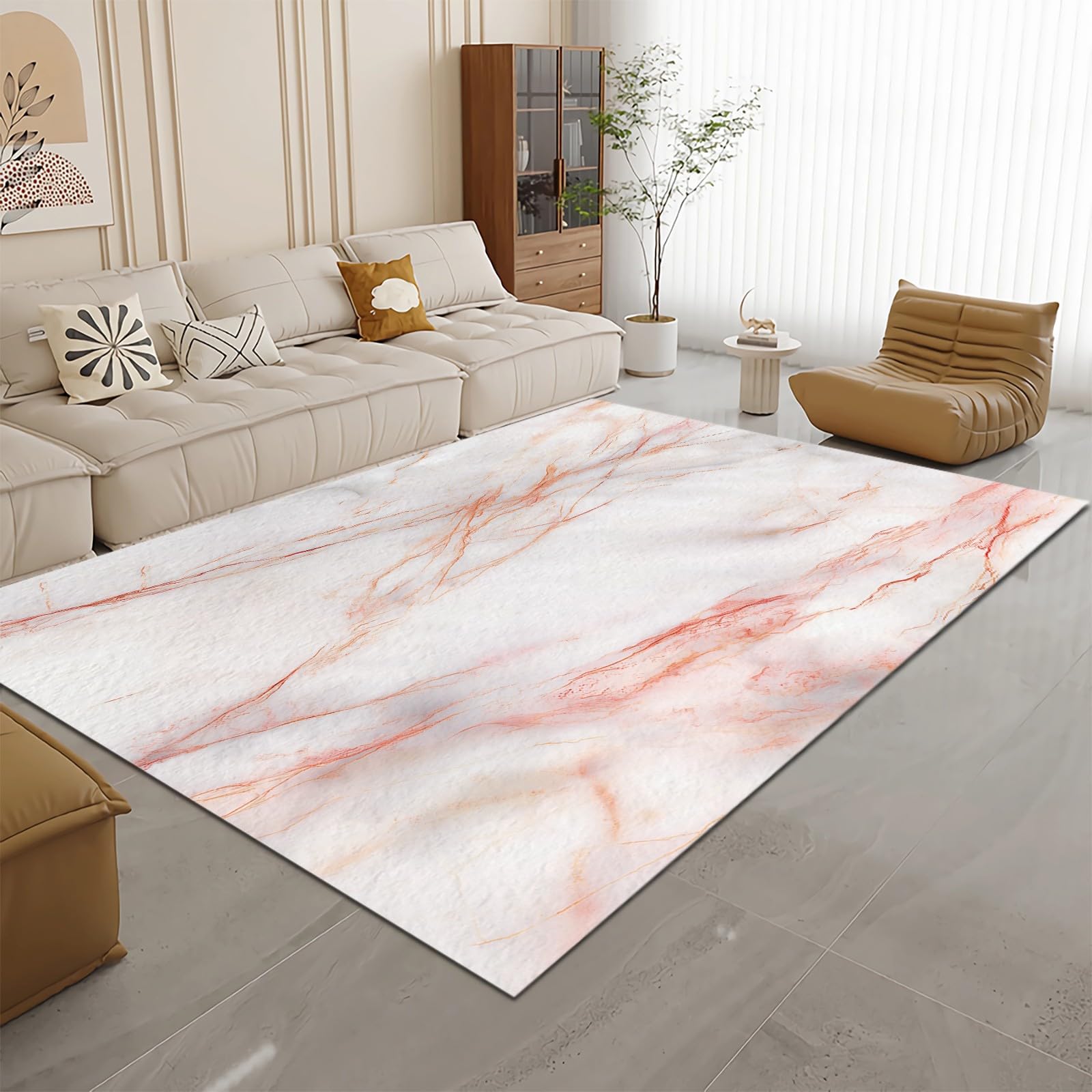 Biały dywanik, można prać w pralce, nie gubi włosia, marmuru, tekstura, dywan z nadrukiem, 160 x 230 cm, miękki, antypoślizgowy, do salonu, sypialni, kuchni, biura, na werandę, do jadalni, domu, na