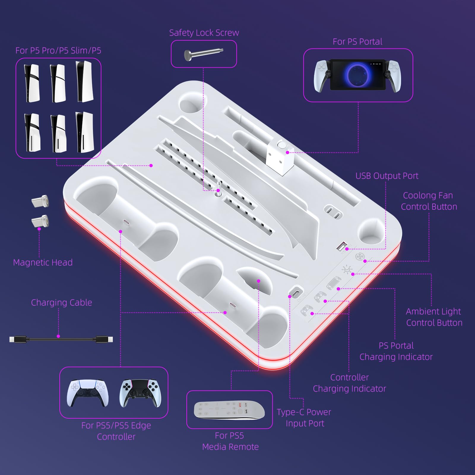 Soporte y estación de refrigeración para PS5/PS5 Slim/PS5 Pro con controlador LED RGB, accesorios de base de carga, cargador para controlador PlayStation 5 y auriculares de consola PS Portal y