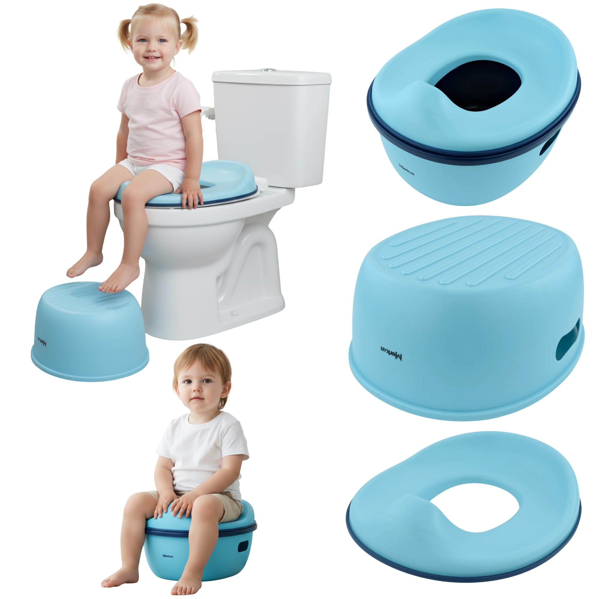 Merkan Töpfchen Sitzauflage Toilette, Touristentopf, Kinderfuß, Tragbar, 3in1 Nachttasse (Blau)