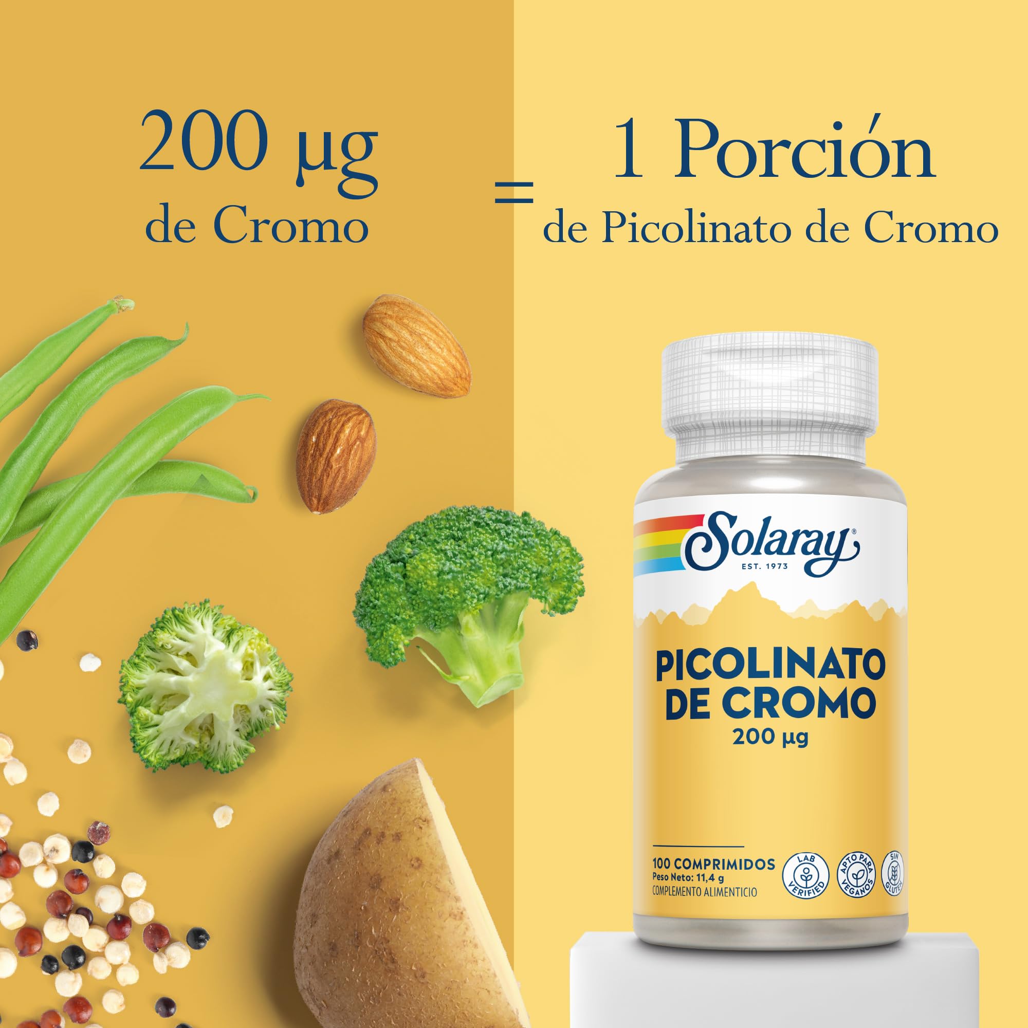 Picolinato de cromo de 200 mcg, 100 cápsulas veganas, suplemento de cromo de alta tasa de absorción, verificado en laboratorio Solaray