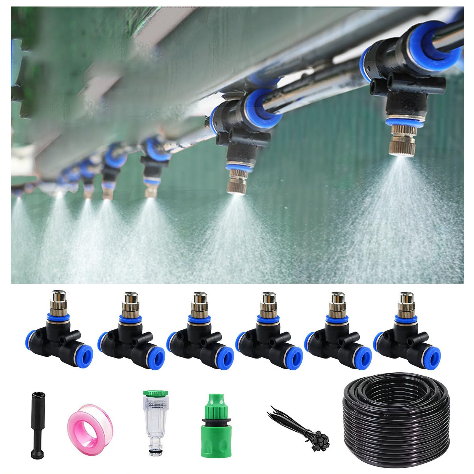 Kit de riego por goteo de conexión rápida para huerto con boquillas de nebulización limpiables y manguera 9/12 para plantas de lecho elevado de negro 30m 912 pipe + 30 sets of quick-connect fittings