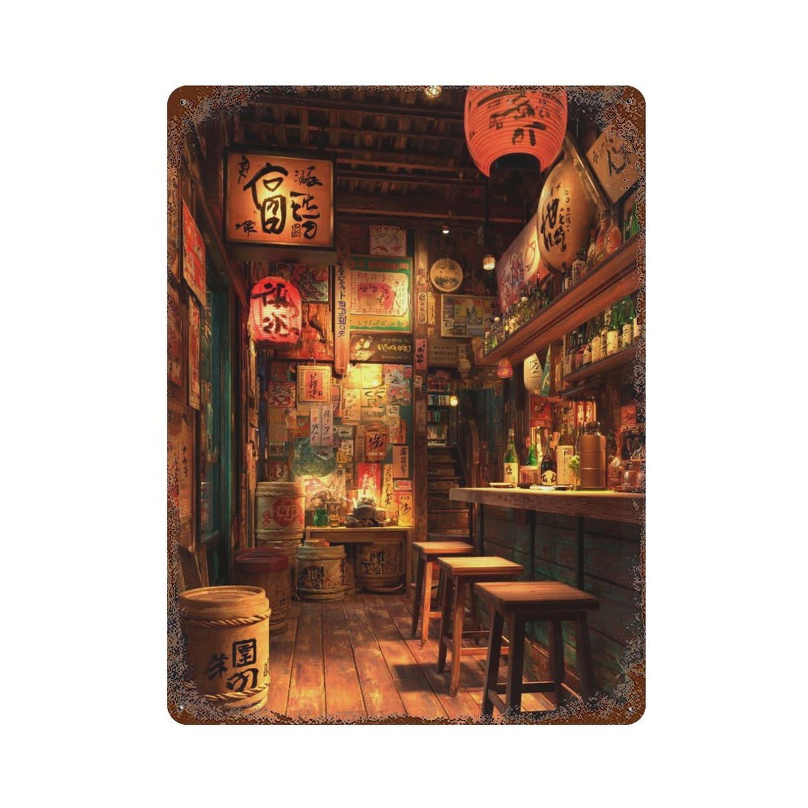 Japanese Bar Interior Decor Ideas 15.7"x11.8" Distressed Metal Wall Sign, Retro Wall Decor for Garage, Bar And Workshop Decor