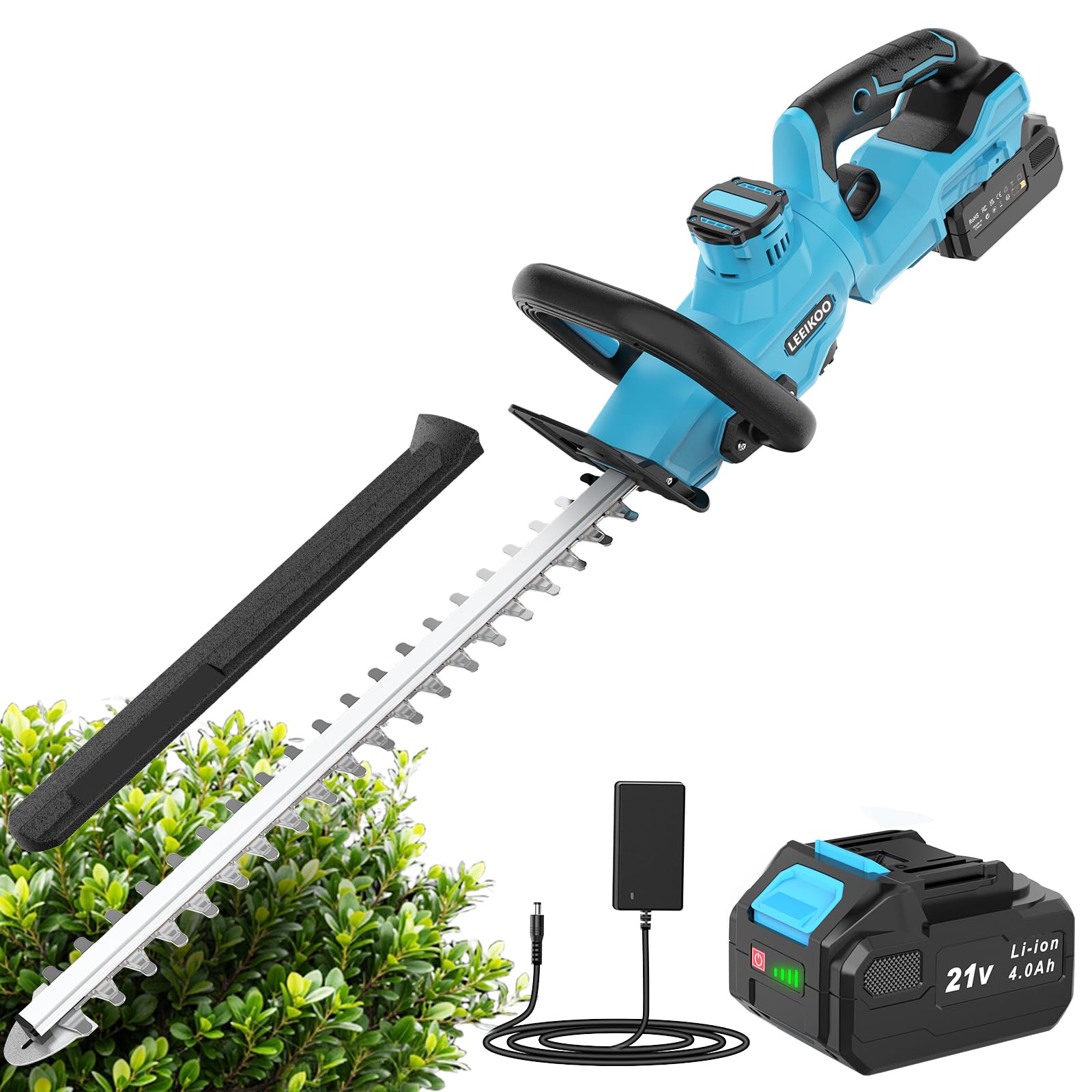 LEEIKOO Taille Haie Batterie, Taille Haie Electrique avec Batterie 4.0Ah, 180°Réglable, 51 cm Longueur de Coupe, 16 mm Écartement des Dents, Couvercle Lame pour Haies, Branches, Arbustes, Rameaux