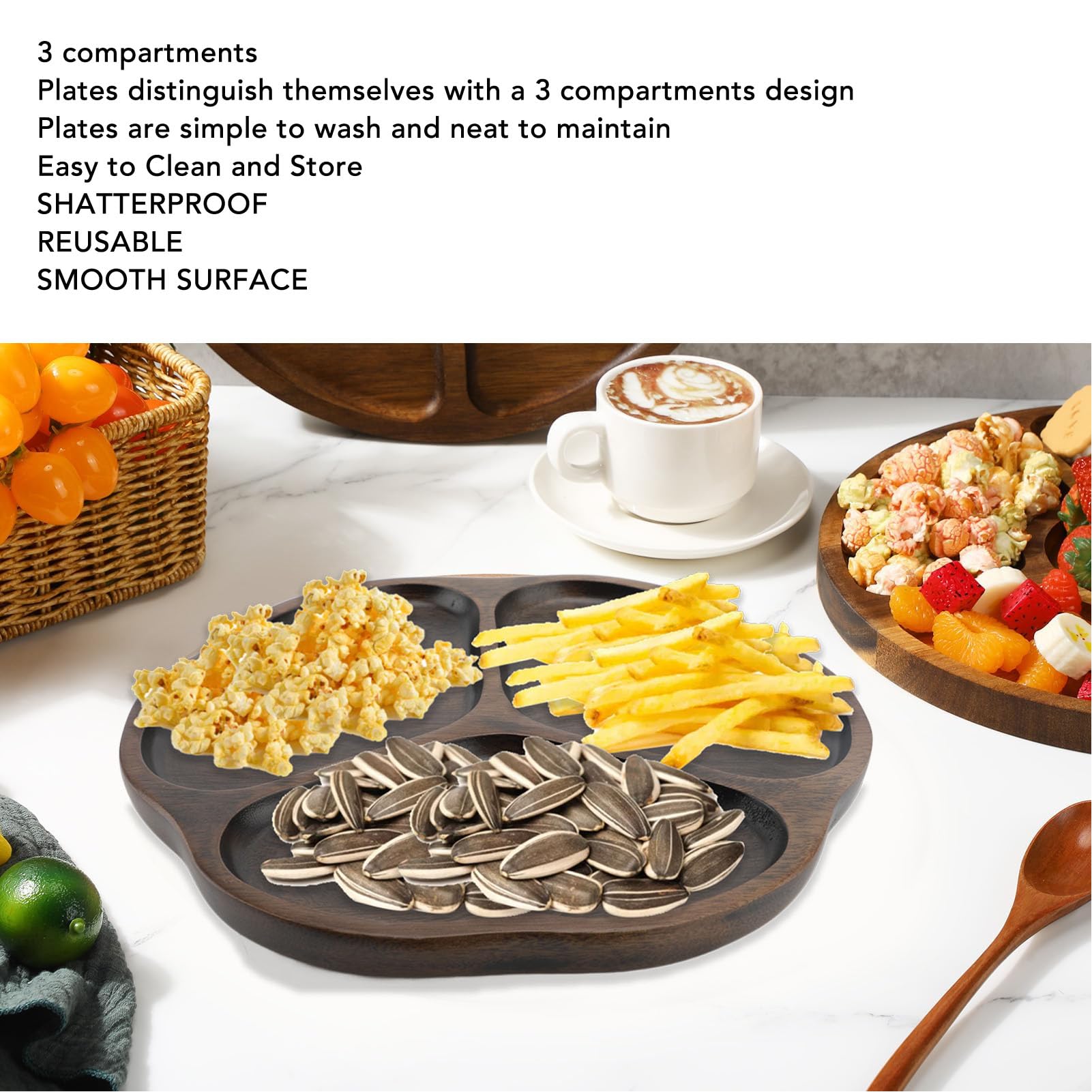 Planche de service divisée en bois – Plateau à frites et à sauce à 3 compartiments pour collations, desserts et réceptions d'invités