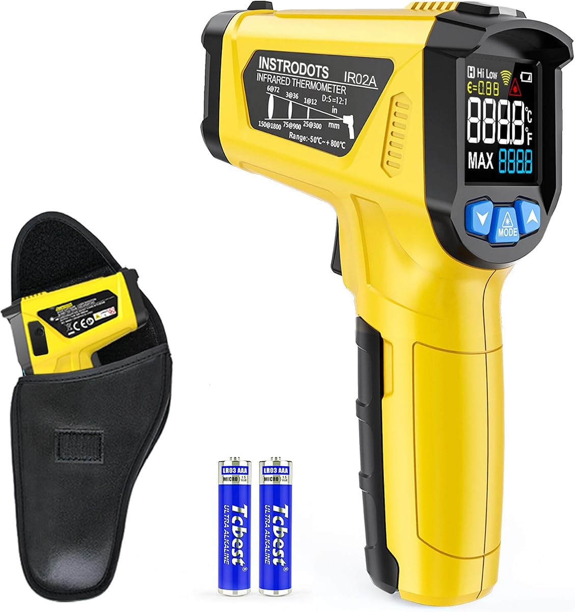 Pistola de termómetro infrarrojo - INSTRODOTS Termómetro láser digital Pistola de temperatura con emisividad ajustable y valor máximo, -58 °F ~ 1472 °F Termómetro de superficie sin contacto para cocinar, congelador, pizza, HVAC