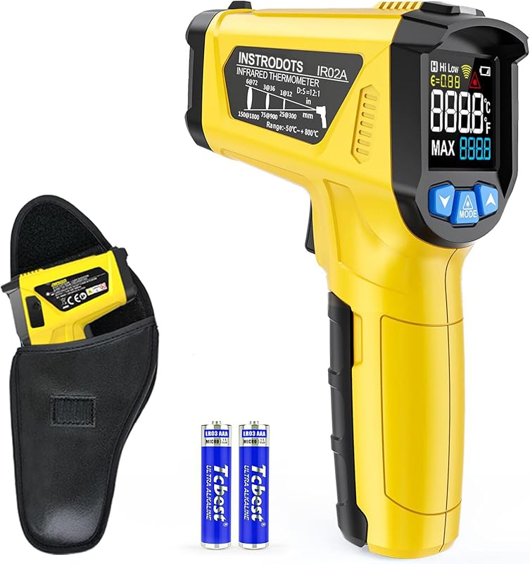Pistola de termómetro infrarrojo - INSTRODOTS Termómetro láser digital Pistola de temperatura con emisividad ajustable y valor máximo, -58 °F ~ 1472 °F Termómetro de superficie sin contacto para cocinar, congelador, pizza, HVAC
